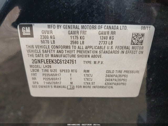 Auction sale of the 2012 Chevrolet Equinox 1lt, vin: 2GNFLEEK3C6124761, lot number: 44951392