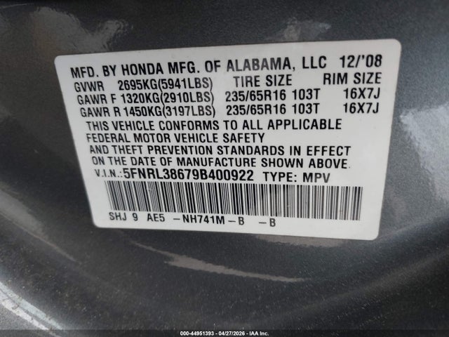 44951393 :رقم المزاد ، 5FNRL38679B400922 vin ، 2009 Honda Odyssey Ex-l مزاد بيع