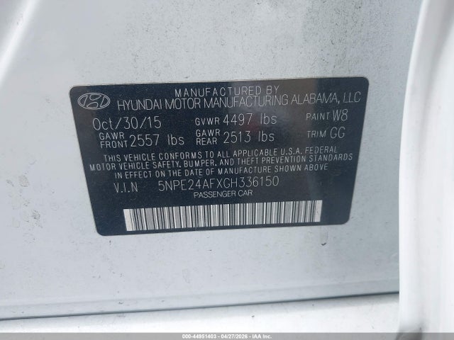 Продаж на аукціоні авто 2016 Hyundai Sonata Se, vin: 5NPE24AFXGH336150, номер лоту: 44951403
