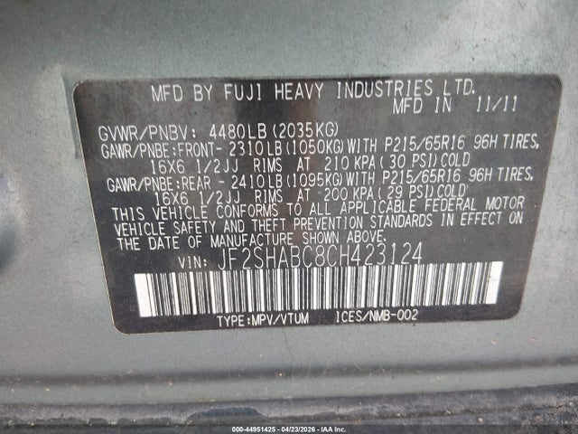 Aukcja sprzedaży 2012 Subaru Forester 2.5x, vin: JF2SHABC8CH423124, numer aukcji: 44951425