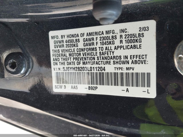 Продаж на аукціоні авто 2003 Honda Element Dx, vin: 5J6YH28203L011204, номер лоту: 44951461