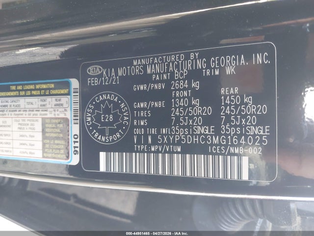 44951465 :رقم المزاد ، 5XYP5DHC3MG164025 vin ، 2021 Kia Telluride Sx مزاد بيع