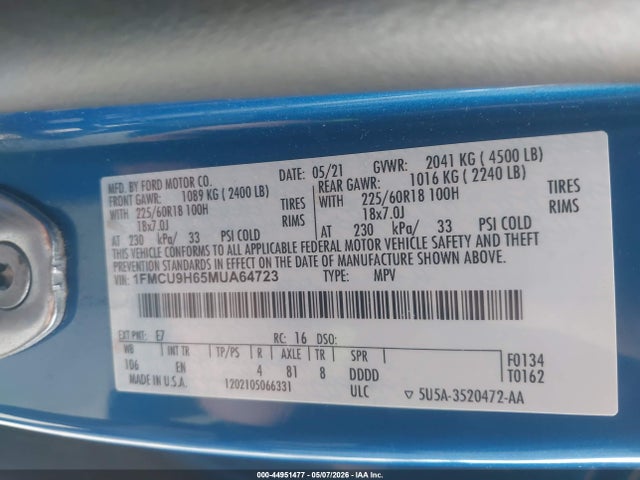 1FMCU9H65MUA64723 Ford ESCAPE SEL