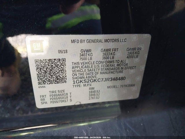 44951480 :رقم المزاد ، 1GKS2GKC7JR348480 vin ، 2018 Gmc Yukon Xl Slt مزاد بيع