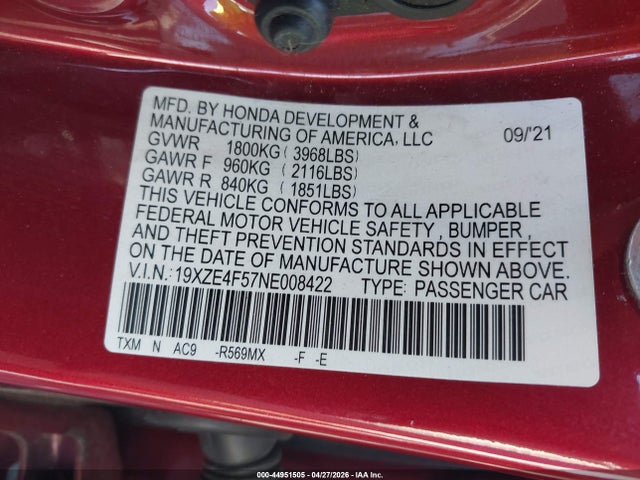 Aukcja sprzedaży 2022 Honda Insight Ex, vin: 19XZE4F57NE008422, numer aukcji: 44951505