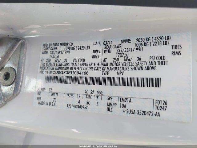 Продажа на аукционе авто 2014 Ford Escape Se, vin: 1FMCU0GX3EUC94106, номер лота: 44951512