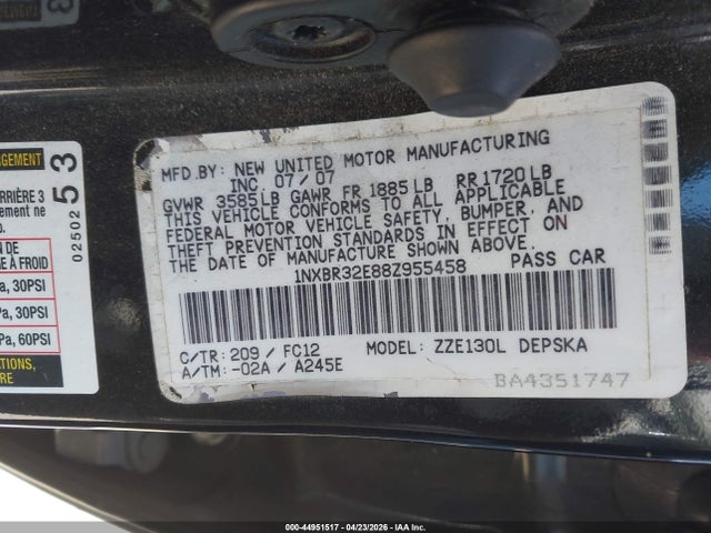 Auction sale of the 2008 Toyota Corolla S, vin: 1NXBR32E88Z955458, lot number: 44951517