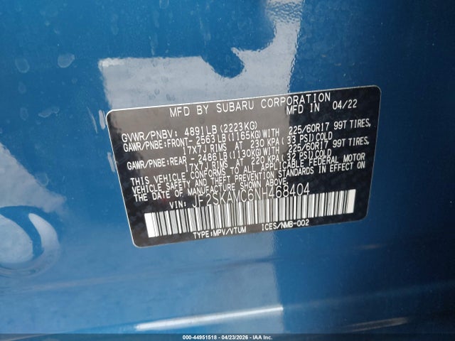 Продаж на аукціоні авто 2022 Subaru Forester Wilderness, vin: JF2SKAMC6NH468404, номер лоту: 44951518