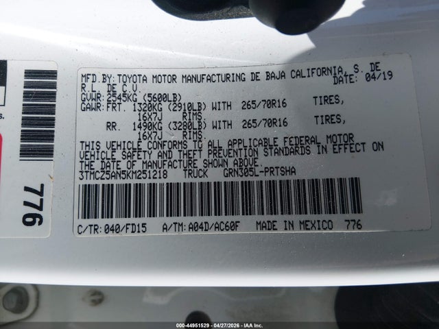 44951529 :رقم المزاد ، 3TMCZ5AN5KM251218 vin ، 2019 Toyota Tacoma Trd Off Road مزاد بيع