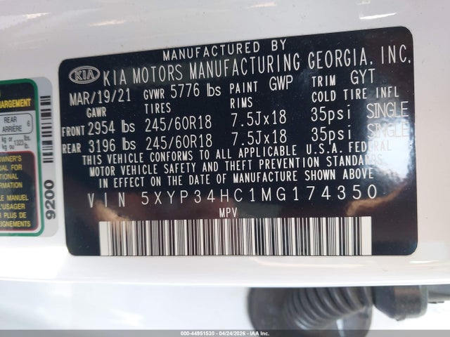 44951530 :رقم المزاد ، 5XYP34HC1MG174350 vin ، 2021 Kia Telluride Ex مزاد بيع