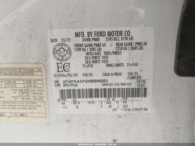 Продажа на аукционе авто 2017 Ford Edge Sport, vin: 2FMPK4AP2HBB99263, номер лота: 44951536