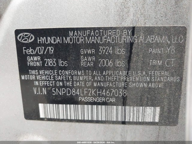 2019 Hyundai Elantra Sel მანქანა იყიდება აუქციონზე, vin: 5NPD84LF2KH467038, აუქციონის ნომერი: 44951539