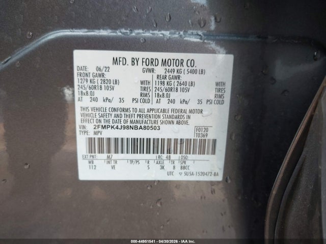 Aukcja sprzedaży 2022 Ford Edge Sel, vin: 2FMPK4J98NBA80503, numer aukcji: 44951541