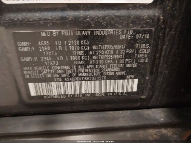 Aukcja sprzedaży 2011 Subaru Outback 3.6r Limited, vin: 4S4BRDKC6B2331570, numer aukcji: 44951545
