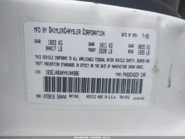 44951549 :رقم المزاد ، 1B3EJ46X0YN104986 vin ، 2000 Dodge Stratus Se مزاد بيع