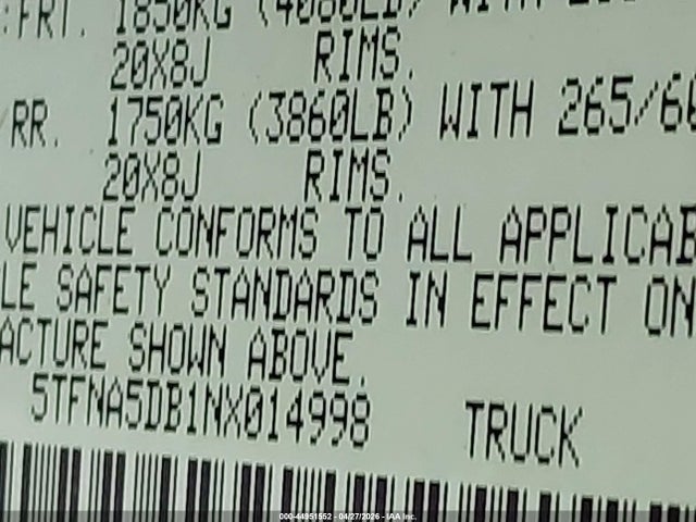 5TFNA5DB1NX014998 Toyota Tundra Platinum