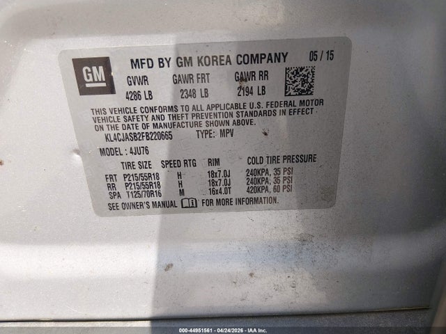 2015 Buick Encore მანქანა იყიდება აუქციონზე, vin: KL4CJASB2FB220665, აუქციონის ნომერი: 44951561