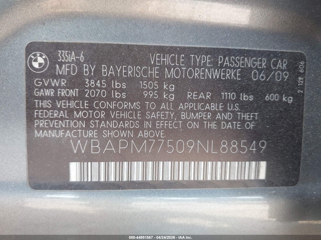 2009 Bmw 335i მანქანა იყიდება აუქციონზე, vin: WBAPM77509NL88549, აუქციონის ნომერი: 44951567