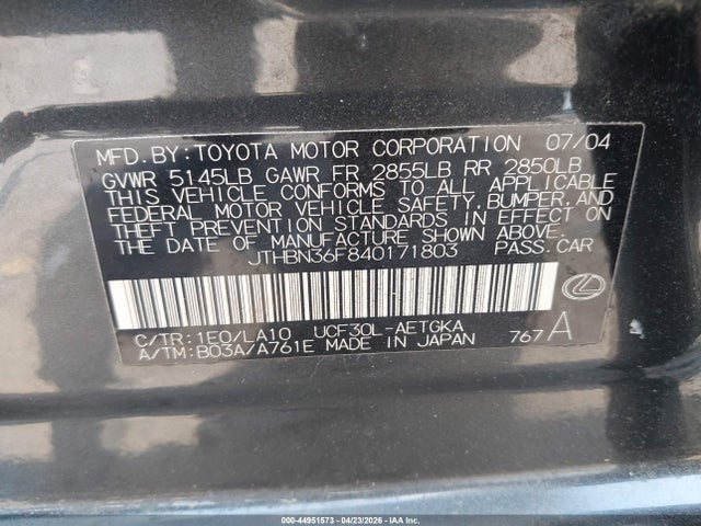 Продаж на аукціоні авто 2004 Lexus Ls 430, vin: JTHBN36F840171803, номер лоту: 44951573