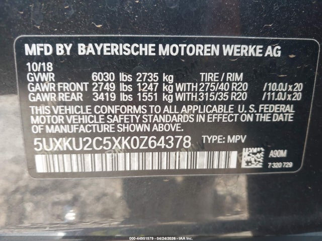 Aukcja sprzedaży 2019 Bmw X6 Xdrive35i, vin: 5UXKU2C5XK0Z64378, numer aukcji: 44951579