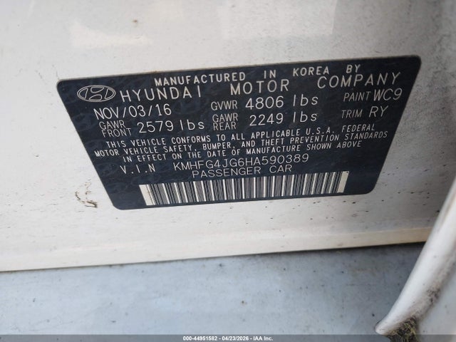 Aukcja sprzedaży 2017 Hyundai Azera, vin: KMHFG4JG6HA590389, numer aukcji: 44951582