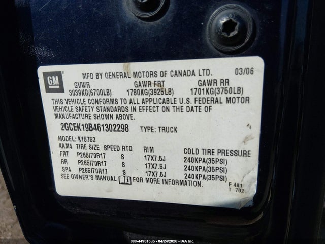 Aukcja sprzedaży 2006 Chevrolet Silverado 1500 Lt1, vin: 2GCEK19B461302298, numer aukcji: 44951585