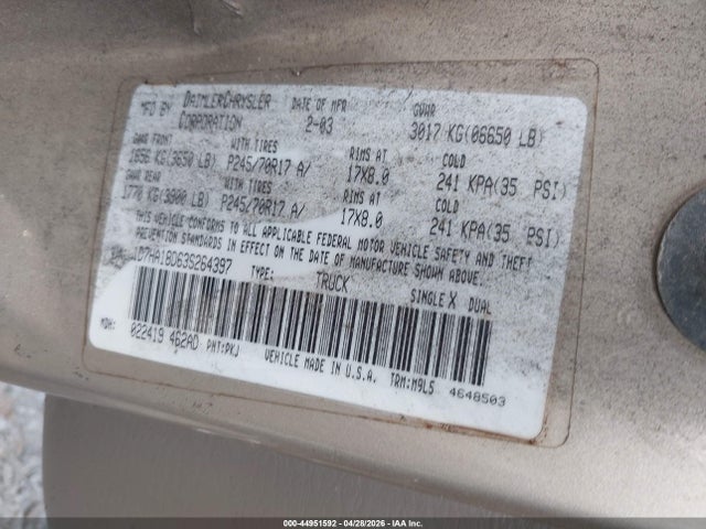 Aukcja sprzedaży 2003 Dodge Ram 1500 Slt/laramie/st, vin: 1D7HA18D63S264397, numer aukcji: 44951592