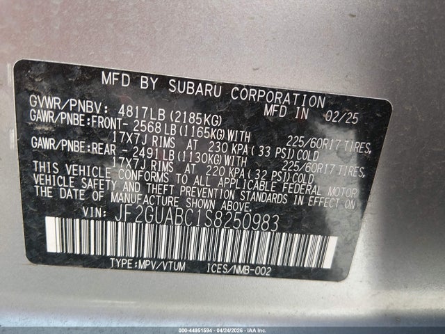 Aukcja sprzedaży 2025 Subaru Crosstrek, vin: JF2GUABC1S8250983, numer aukcji: 44951594
