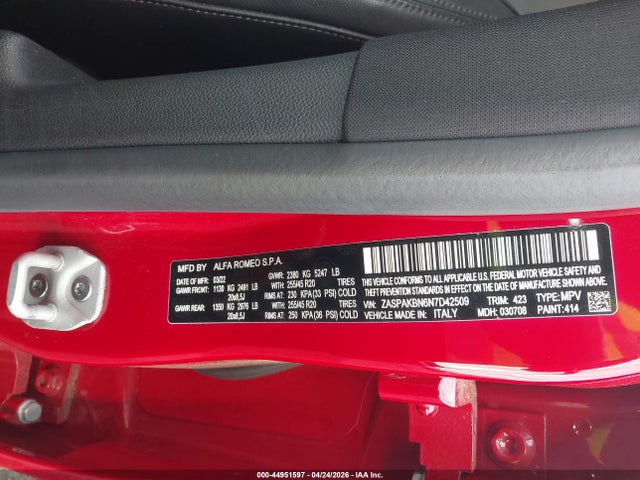 2022 Alfa Romeo Stelvio Veloce Ti Awd მანქანა იყიდება აუქციონზე, vin: ZASPAKBN6N7D42509, აუქციონის ნომერი: 44951597