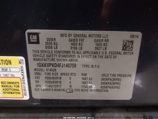 44951598 :رقم المزاد ، 1GKKVPKD4FJ148758 vin ، 2015 Gmc Acadia Sle-2 مزاد بيع