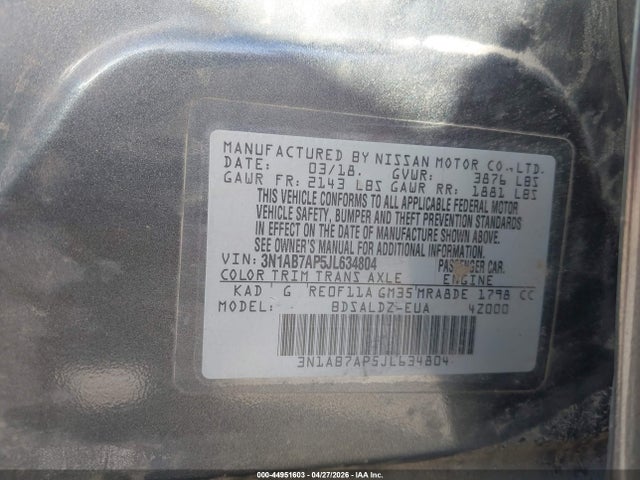 44951603 :رقم المزاد ، 3N1AB7AP5JL634804 vin ، 2018 Nissan Sentra Sv مزاد بيع
