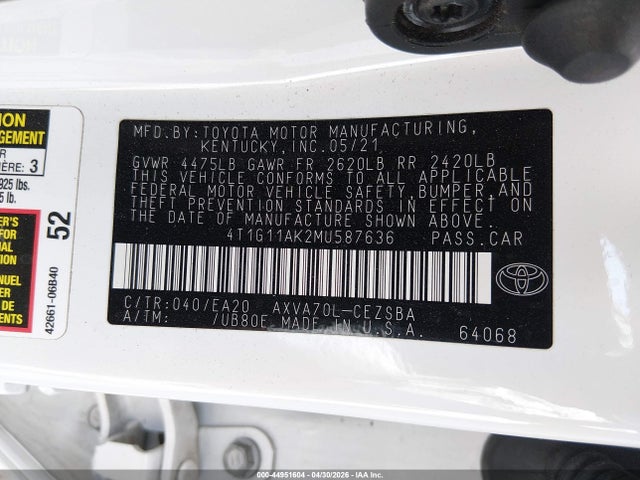 44951604 :رقم المزاد ، 4T1G11AK2MU587636 vin ، 2021 Toyota Camry Se مزاد بيع