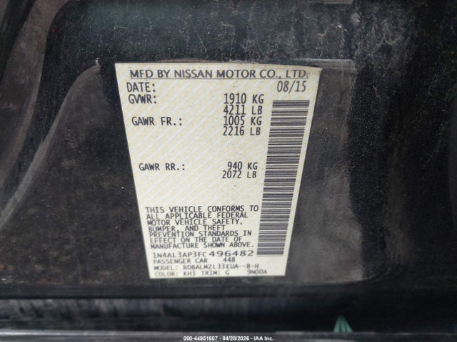 Продажа на аукционе авто 2015 Nissan Altima 2.5 Sv, vin: 1N4AL3AP3FC496482, номер лота: 44951607