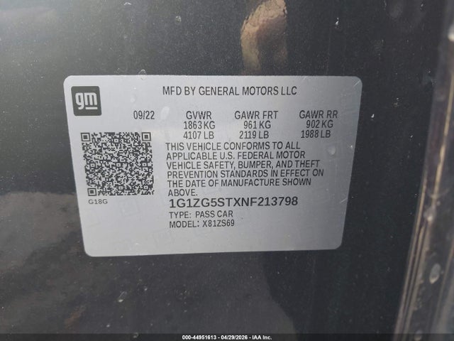 44951613 :رقم المزاد ، 1G1ZG5STXNF213798 vin ، 2022 Chevrolet Malibu Fwd Rs مزاد بيع