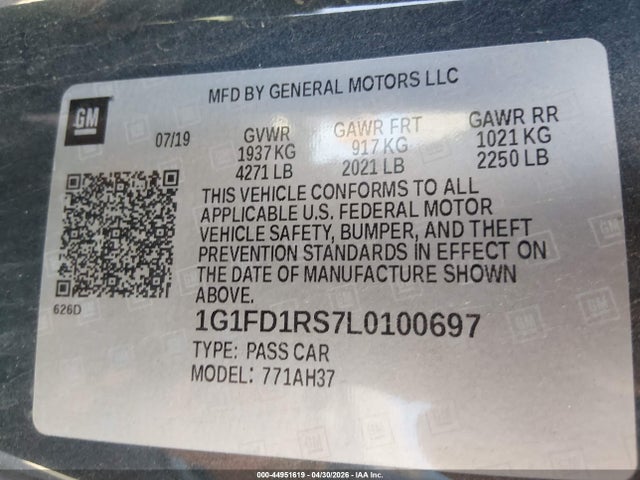 Aukcja sprzedaży 2020 Chevrolet Camaro Rwd  2lt, vin: 1G1FD1RS7L0100697, numer aukcji: 44951619