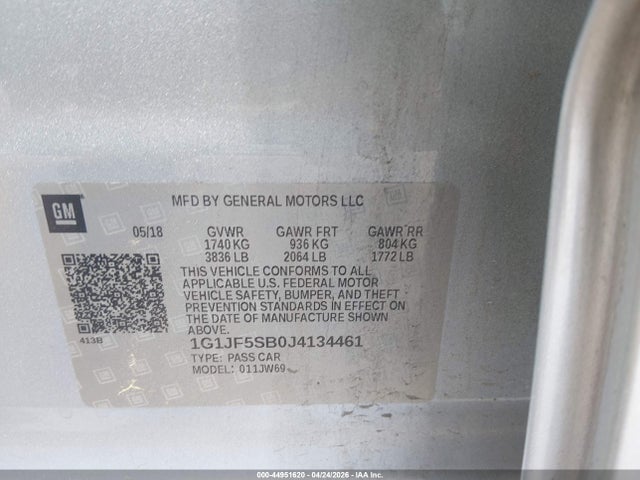 2018 Chevrolet Sonic Premier Auto მანქანა იყიდება აუქციონზე, vin: 1G1JF5SB0J4134461, აუქციონის ნომერი: 44951620