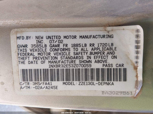 44951624 :رقم المزاد ، 1NXBR32E53Z070059 vin ، 2003 Toyota Corolla Le مزاد بيع