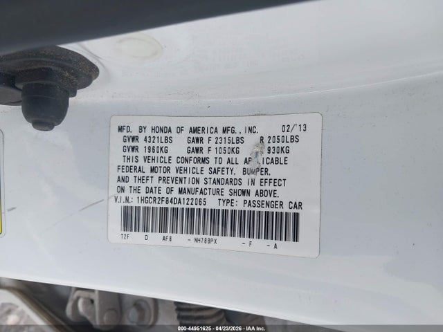 2013 Honda Accord Ex-l მანქანა იყიდება აუქციონზე, vin: 1HGCR2F84DA122065, აუქციონის ნომერი: 44951625