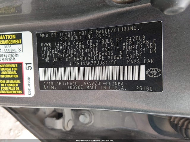 Продаж на аукціоні авто 2023 Toyota Camry Le, vin: 4T1R11AK7PU084150, номер лоту: 44951628