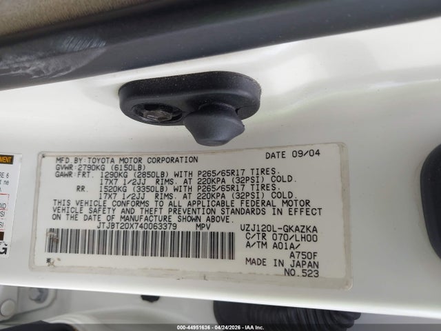 Aukcja sprzedaży 2004 Lexus Gx 470, vin: JTJBT20X740063379, numer aukcji: 44951636