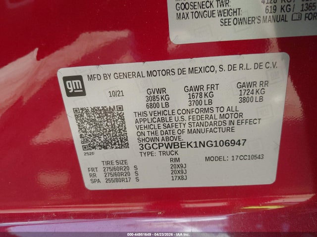 3GCPWBEK1NG106947 Chevrolet Silverado 1500 Ltd 2wd Short Bed Custom