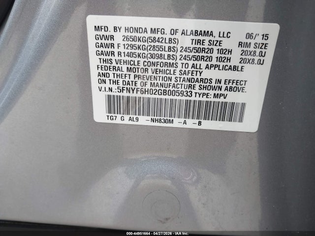 44951664 :رقم المزاد ، 5FNYF6H02GB005933 vin ، 2016 Honda Pilot Elite مزاد بيع