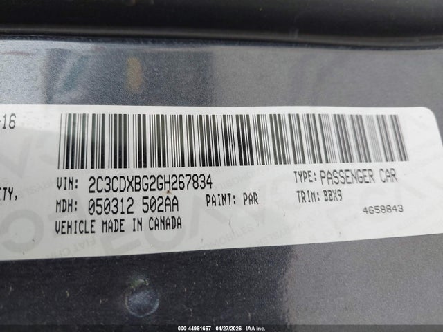 44951667 :رقم المزاد ، 2C3CDXBG2GH267834 vin ، 2016 Dodge Charger Se مزاد بيع