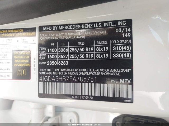 Aukcja sprzedaży 2014 Mercedes-benz Ml 350 4matic, vin: 4JGDA5HB7EA385751, numer aukcji: 44951669