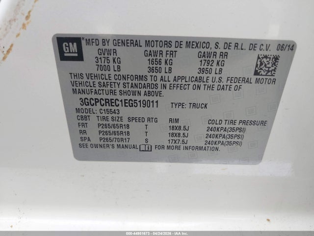 Продажа на аукционе авто 2014 Chevrolet Silverado 1500 1lt, vin: 3GCPCREC1EG519011, номер лота: 44951673