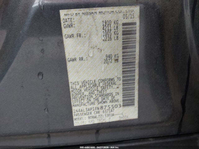 44951685 :رقم المزاد ، 1N4AL3AP1FN875503 vin ، 2015 Nissan Altima 2.5 Sl مزاد بيع