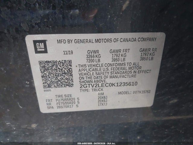 2019 Gmc Sierra 1500 Limited მანქანა იყიდება აუქციონზე, vin: 2GTV2LEC0K1235610, აუქციონის ნომერი: 44951689