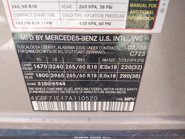 Продаж на аукціоні авто 2007 Mercedes-benz Gl 450 4matic, vin: 4JGBF71E17A110520, номер лоту: 44951692