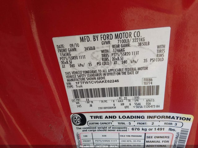 Продажа на аукционе авто 2010 Ford F-150 Fx2 Sport, vin: 1FTFW1CV0AKE62246, номер лота: 44951693