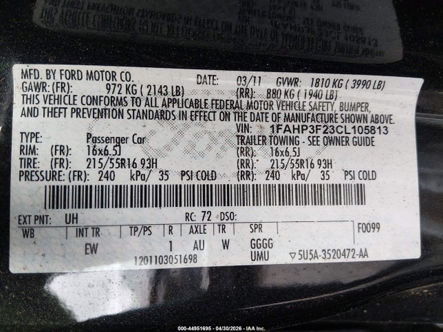 Aukcja sprzedaży 2012 Ford Focus Se, vin: 1FAHP3F23CL105813, numer aukcji: 44951695